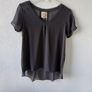 Chaser Short sleeve sheer‎ 100% crepe silk Size S Black V neck top high low hem